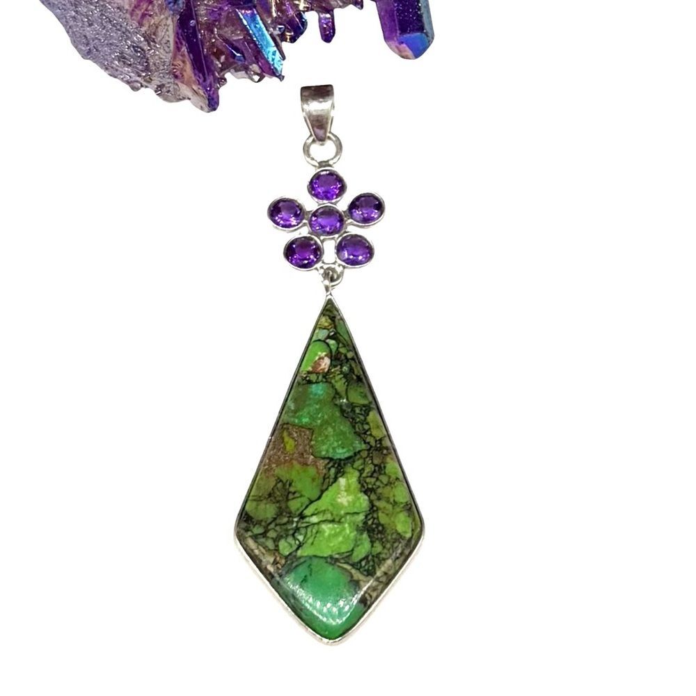 Green Matrix Turquoise Necklace Pendant Amethyst Flower 925 Sterling Silver